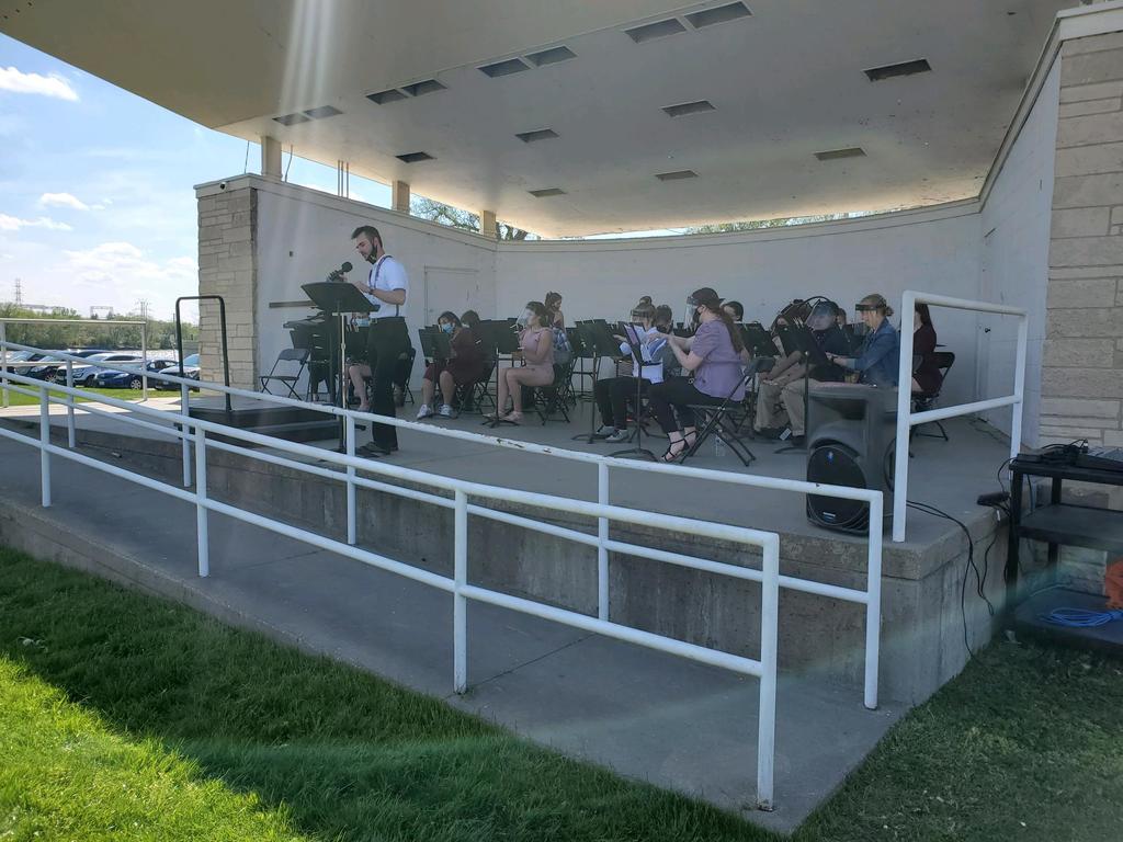 Students & band teachers in the band shell