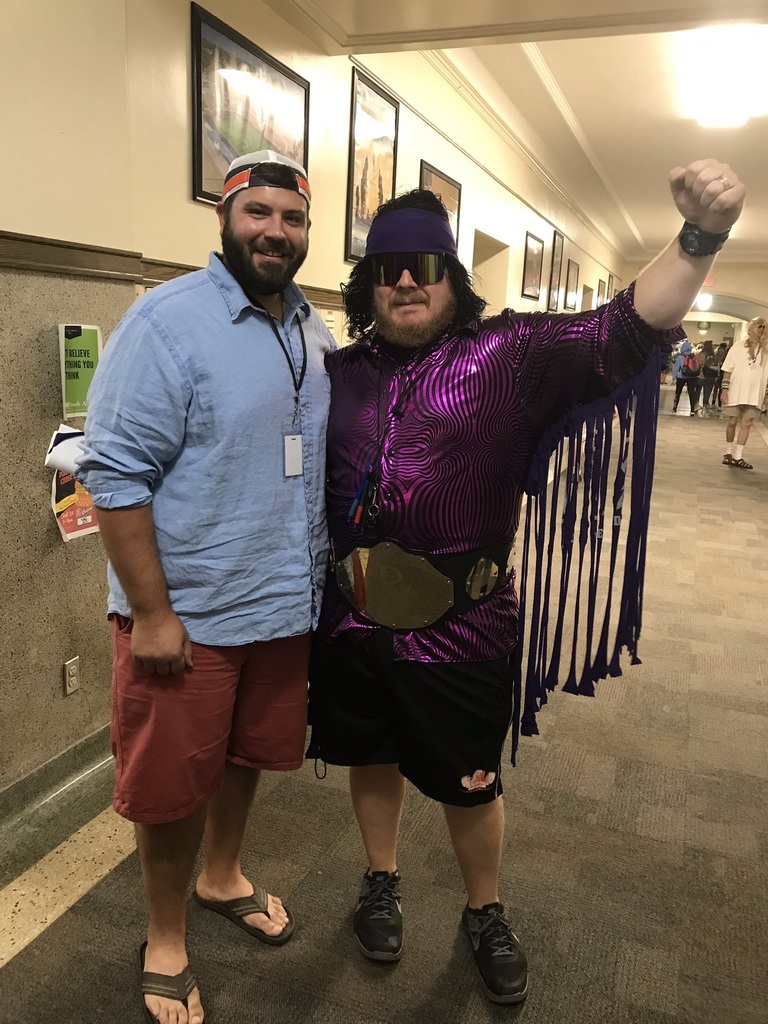 Photo of 2 teachers in celebrity costumes