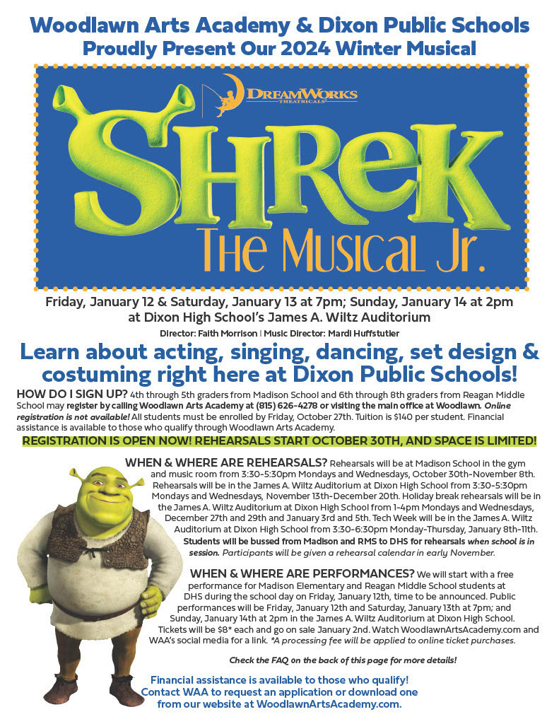 Flyer with picture of Shrek and details on musical