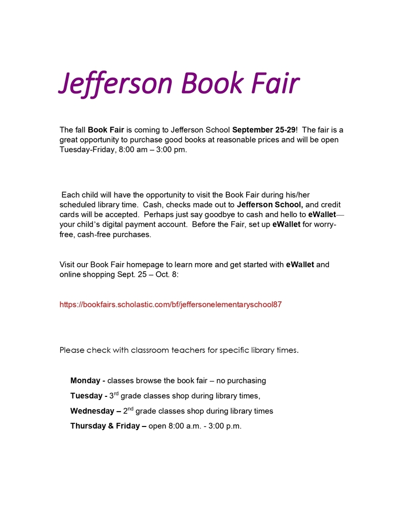 Flyer with info about Jefferson School Book Fair